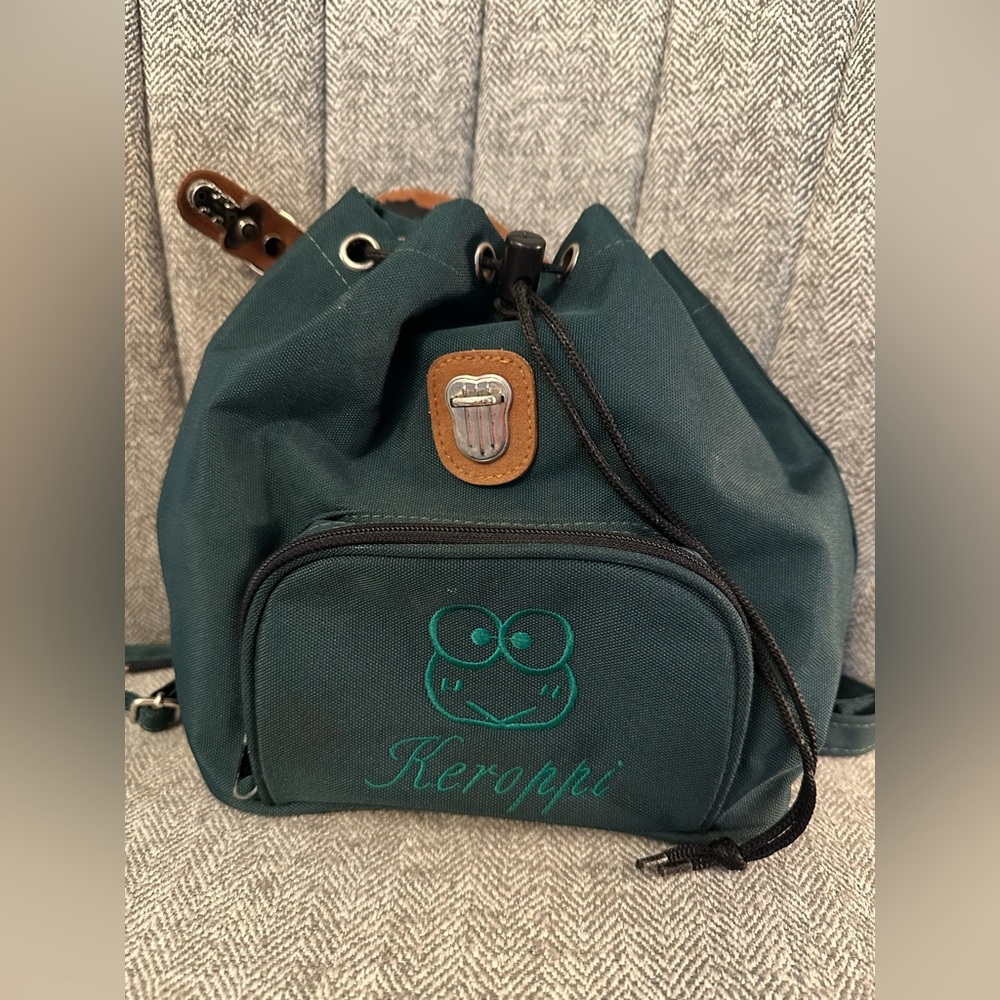 Vintage 90s Keroppi Sanrio Mini Backpack Canvas & Suede Flap - Picture 4 of 14
